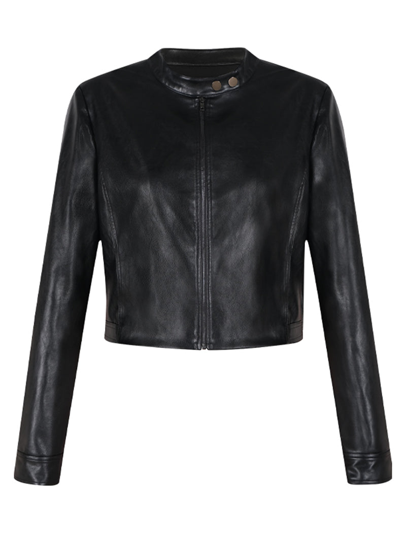 Cropped Faux Leather Bomber Jacket