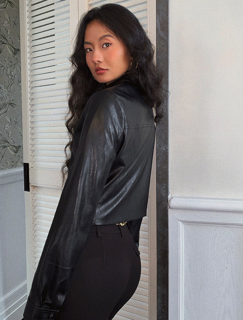 Cropped Faux Leather Bomber Jacket