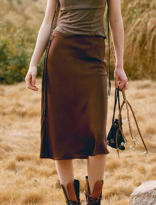 High-Waisted Satin Midi Skirt